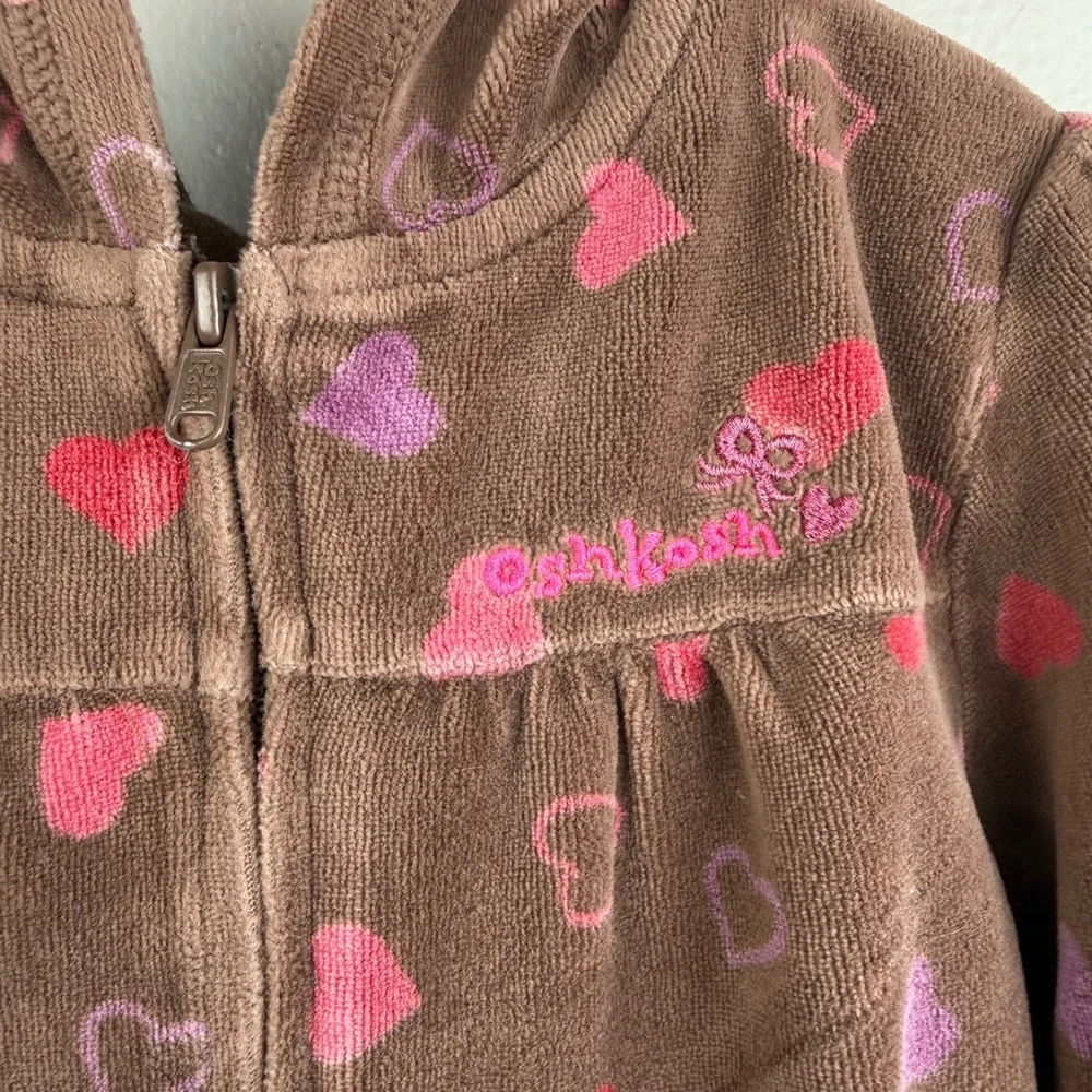 OshKosh 3T‎ Brown Velour Heart Hoodie Zip Up Y2K Toddler Jacket Girls